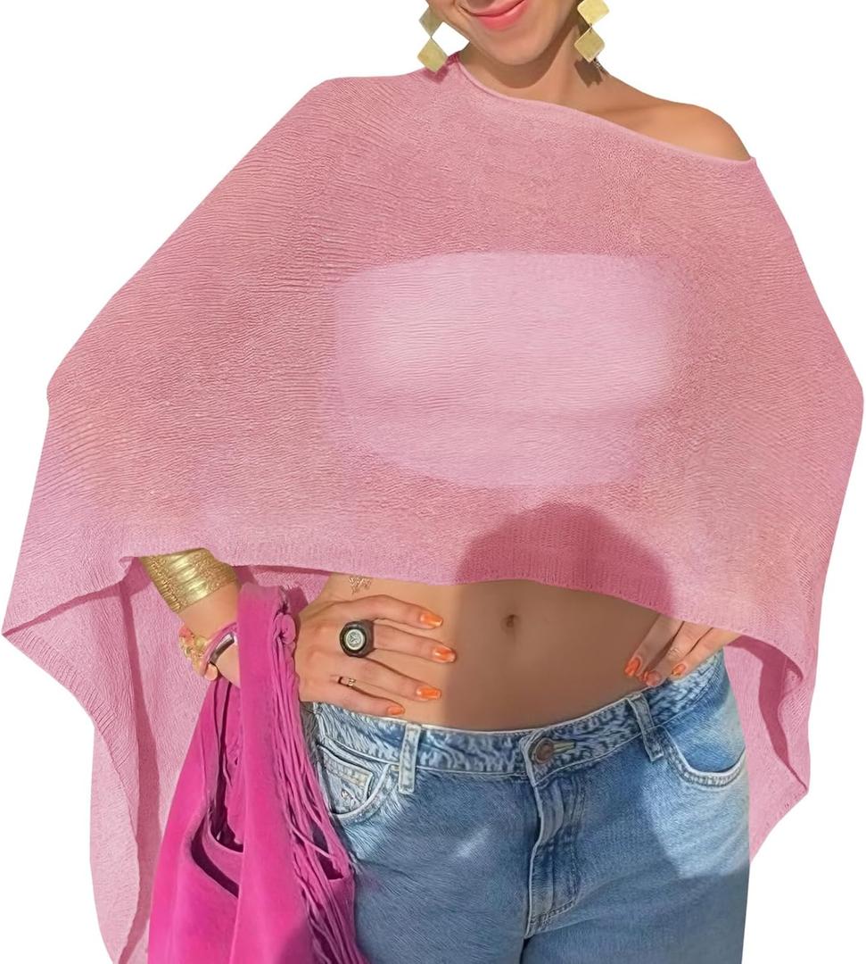 Fisoew Women Sheer Poncho Top Lightweight Knit Crochet Summer Shrug Bolero Off Shoulder Going Out Beach Cover up