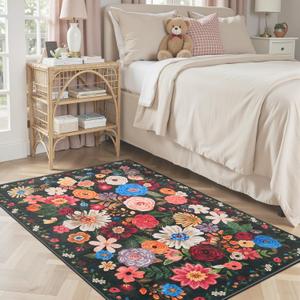 Floral Machine Washable Rug Black, 3x5 Rug Non Slip Soft Bedroom Rugs for Entryway Dorm, Ultra-Thin Rugs for Bedroom Stain Resistan(3 x 5, Black Garden)