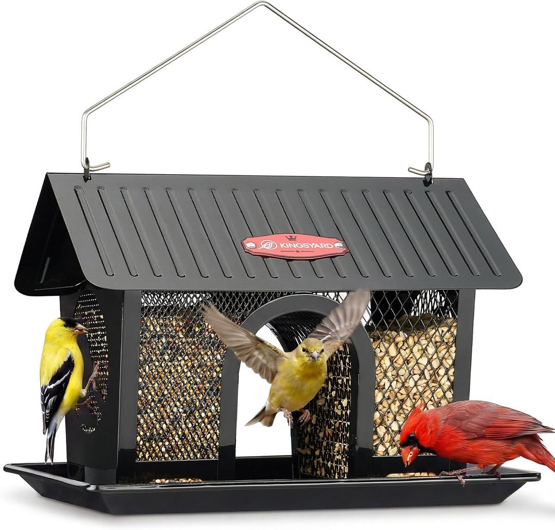 Kingsyard Bird Feeder for Outdoors Hanging, Dual-Use Metal Mesh Wild Bird Feeders with Seed Tray & Weatherproof Roof, 3 lbs Large Capacity, Black