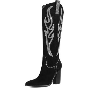 Celbreez Cowboy Boots for Women Cowgirl Boots Women Suede Knee High Boots Rhinestones Embroidered Western Boots Pointed Toe Chunky Heel Side Zip Festival Country Concert Shoes (6, Black)