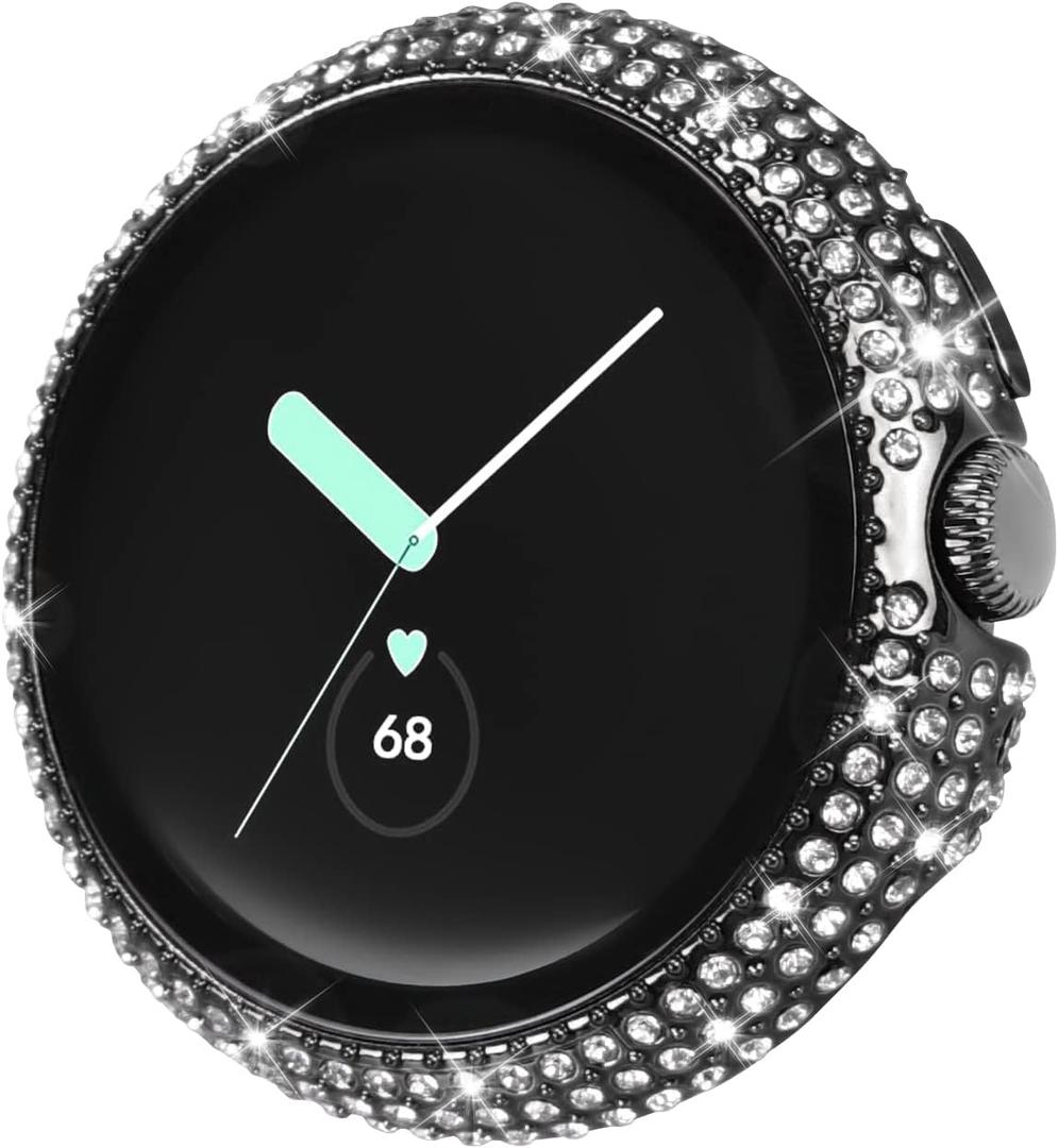 Compatible for Google Pixel Watch 3 41 mm/Pixel Watch 2/1 Case with Screen Protector, Bling Protective Face Cover Tempered Glass Bumper Diamond Rhinestone Thin Hard PC Plated Frame (Black)