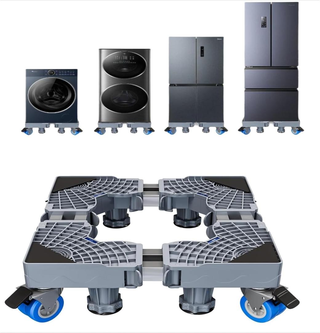Appliance Trolley with 4 Locking Double Wheel Mini Fridge Racks Adjustable Furniture Portter Mobile Roller Base for Washing Machine, Dryer, Refrigerator, Laundry Base