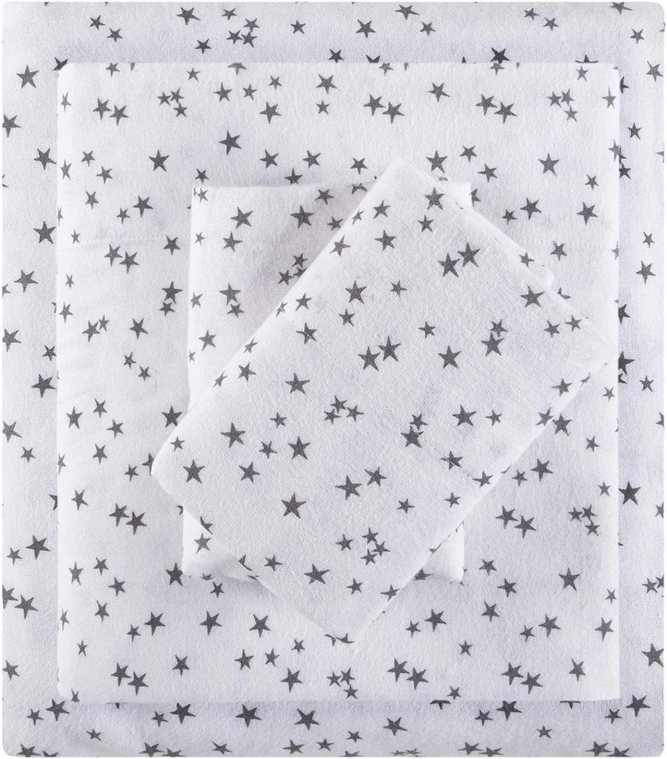 Intelligent Design Cozy Soft 100% Cotton Flannel Print Animals Stars Cute Warm, Ultra Soft Cold Weather Sheet Set Bedding, Twin, Grey Stars 3 Piece