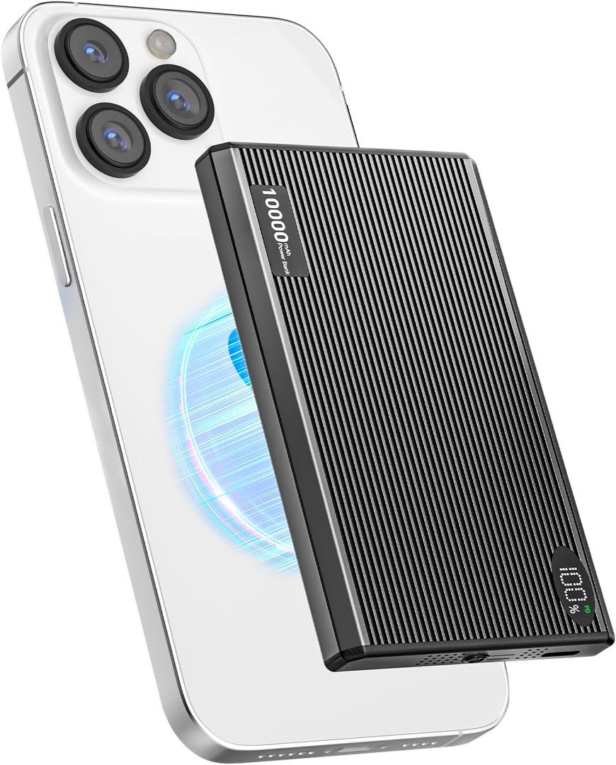 ZBF Magnetic Wireless Portable Charger, 10000mAh Slim Magnetic Power Bank Charger with USB-C Cable, Mag-Safe Battery Pack Charger PD 20W Fast Charging for Phone 16 15 14 13 Pro Max (Dark Grey)