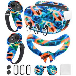Silicone Cover Set Compatible with Meta/Oculus Quest 3 Accessories, Controller Grips, VR Shell Cover, Facial Interface Cover, Protective Lens Cover, Tempered Glass Lens Caps, Not Fit Quest 3S (Aurora Orange)