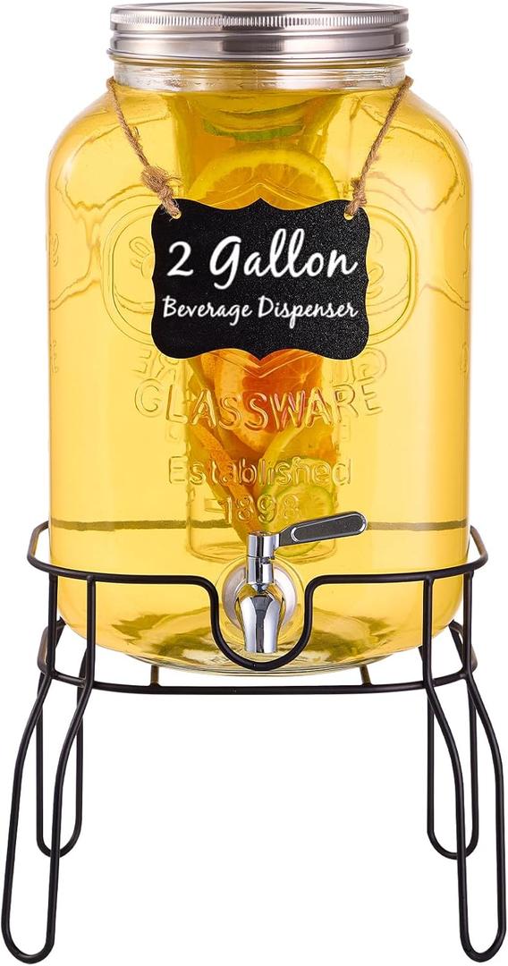 2 Gallon Glass Drink Dispensers for Parties, Beverage Dispenser with Stand, Fruit Infuser and Stainless Steel Spigot 100% Leakproof, Beverage Dispenser for Lemonade Sun Tea