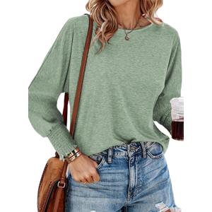 2 x Dokotoo Womens Tops Long Sleeve Tops Shirts 2025 Spring Trendy Business Work Loose Basic T-Shirts (Green, XS)