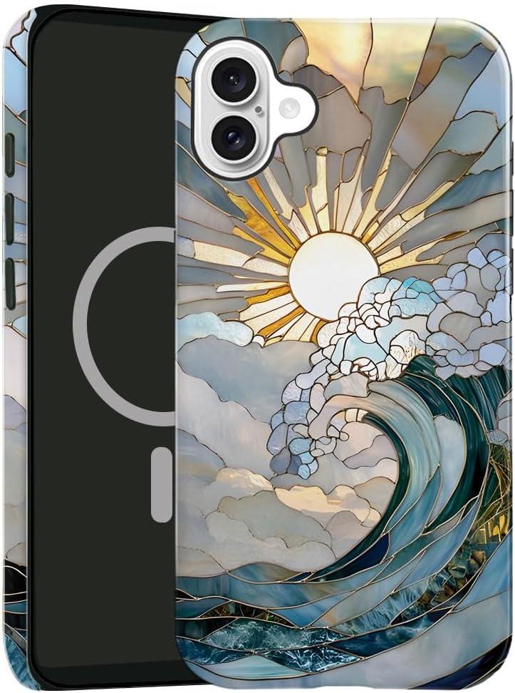 TnXee Case Compatible with iPhone 16 Plus,Compatible with MagSafe,Glossy Fall Prevention Hybrid 2Layer Hard Shell Cases for Girls Boys,Ocean Waves Sunrise