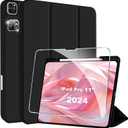 iPad Pro 11-Inch (M4) 2024 Case, Protective Case for Soft TPU Silicone with Pencil Holder (Case+ Screen Protector+Camera Lens Protector) Black