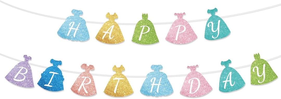 Princess Birthday Banner, Pre-Strung Glitter Happy Birthday Garland Bunting for Girls Coquette Princess Party Supplies Baby Shower Decorations