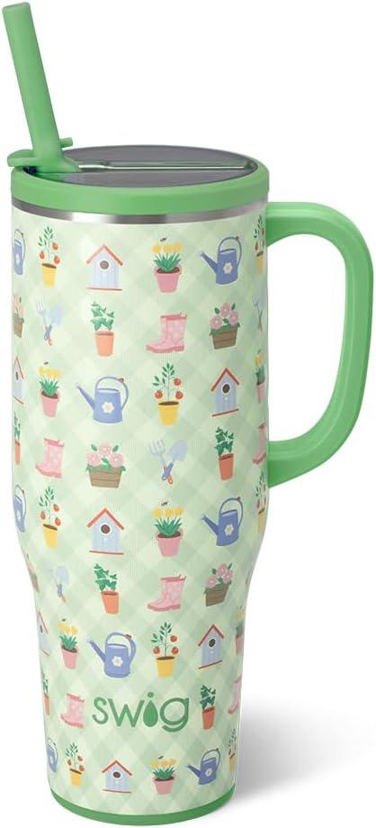 Swig Life 40oz Leak Proof Mega Mug, 40oz Leak Proof Tumbler with Handle and Straw, Extra Large Insulated Tumblers, Cup Holder Friendly Travel Mug, Reusable Leakproof Water Bottle (Green Thumb)