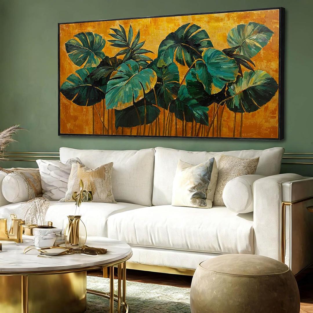 SOUGUAN Canvas Print Wall Art Green Gold Tropical Palm Leaves Nature Wilderness Illustrations Modern Art Rustic Wall Decor Pictures Artwork 24"x48" for Living Room