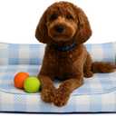 Orthopedic Bolster Dog Bed  CertiPUR-US Foam, Recycled Polyester Canvas, Washable Cover, Anti-Slip Bottom, Large, Light Blue Check  Stylish Designer Dog Sofa (L: 39" X 32" X 9")
