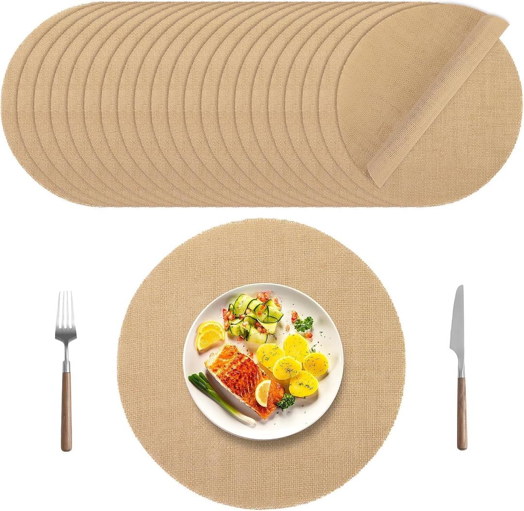 Kochorie 25 Pieces Burlap Placemats 15 Inch Round Reusable Brown Table Mats Natural Jute Fibers Placemats Bulk Circle Rustic Table Decorations for Dining Wedding Holiday Farmhouse Supplies