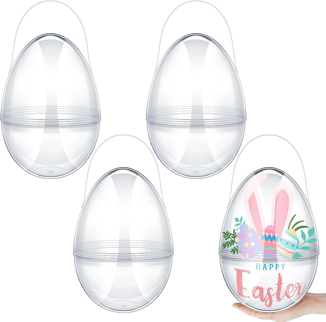 Funtery 4 Pcs Jumbo Easter Eggs 10 Inch Plastic Giant Easter Eggs with Handles, Clear Large Baskets Fillable Big Bunny Egg Shaped Baskets Containers Decoration (Transparent)