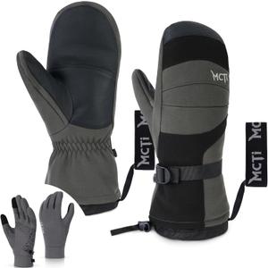 MCTi 2 in 1 Winter Ski Gloves for Men, Waterproof Snowboard Gloves, Thick Ski Mittens & Fleece Glove Liners, 2 Pairs (Medium, Grey)