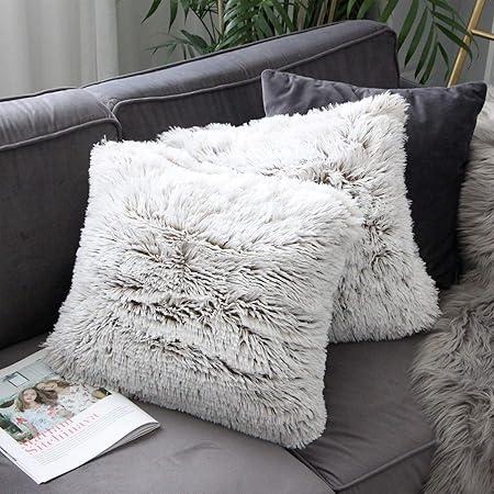 Uhomy Set of 2 Home Decorative Fluffy Plush Pillow Covers 22"x22", Luxury Series Super Furry Style Artificial Fur Throw Pillow Case Cushion Cover for Sofa Bed Brown Khaki Ombre 55x55 cm Two Sides Fur  