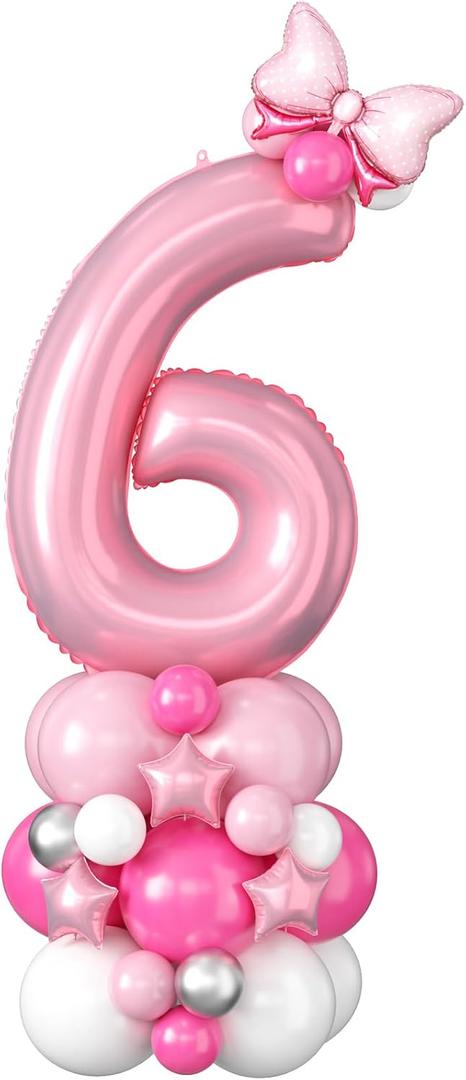 40 Inch Pink Number 6 Balloon for 6th Birthday Decorations Pastel Baby Pink Number Six Foil Balloon Tower Giant Large Digit Hot Pink White Helium Mylar Balloons Stack Stand for Girls Anniversary Party