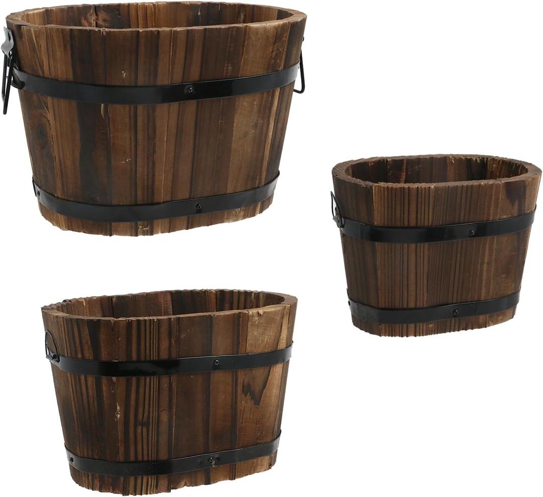 MY MIRONEY 3PCS Wooden Planter Barrel Set Vintage Style Wood Bucket Rustic Garden Flower Plant Pots Container with Metal Handles, Oval, Small, Medium & Large