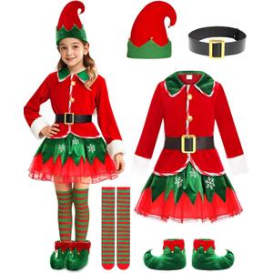 Elf Costume for Kids Girls Christmas Toddler Girl Elf Dress Costume (7-8 Years, Red)