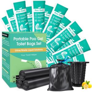 30 Portable Toilet Bags Poo Gel Set, 8 Gallon Camping Toilet Bags with Portable Absorbent Toilet Gel, Urine Powder with Potty Trash Waste Bags for Outdoor Camping, Traveling, Emergency (Blue)