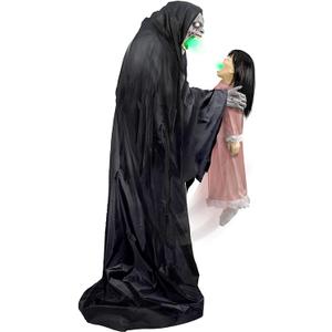 Haunted Hill Farm Soul Sucker Demon Reaper with Child by Tekky, Motion-Activated Talking Halloween Animatronic for Creepy Indoor or Covered Outdoor Halloween Decorations, Plug-in or Battery Operated
