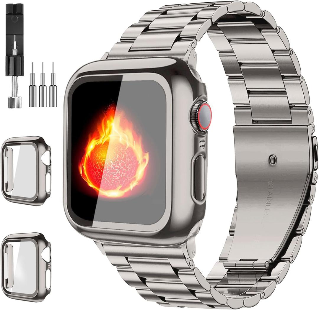 Compatible with Apple Watch Band 49mm 46mm 44mm 45mm 42mm 40mm 38mm 41mm, Stainless Steel iWatch Bands with 2 Pack Tempered Glass Screen Case for Series 10/9 Ultra 2 8/7/6/5/4/3/2/1/SE for Men (Titanium Lightweight)