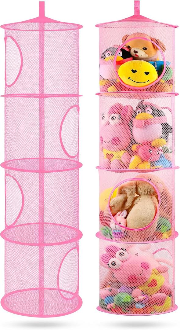 2Pcs Stuffed Animal Storage Foldable Stuffed Animal Net or Hammock Organizer, 4 Compartments Hanging Mesh Toy Storage Hammock for Kid Room Toys, Gloves, Hats, Socks（Pink）