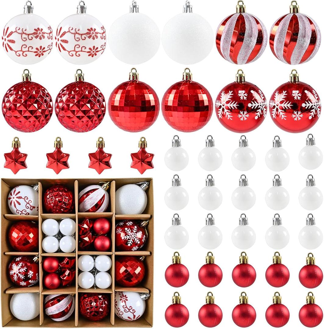 Christmas Balls Ornaments, 44 Packs Red White Xmas Tree Decoration, Shatterproof Christmas Tree Decorations, Glittering Hanging Ball for Winter Holiday New Year Party Decoration Assorted Sizes