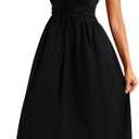 Womens Halter Neck Deep V-Neck Midi Dress with Built-in Bra Pockets Backless Tie Waist Sleeveless A-Line Dresses (Black)