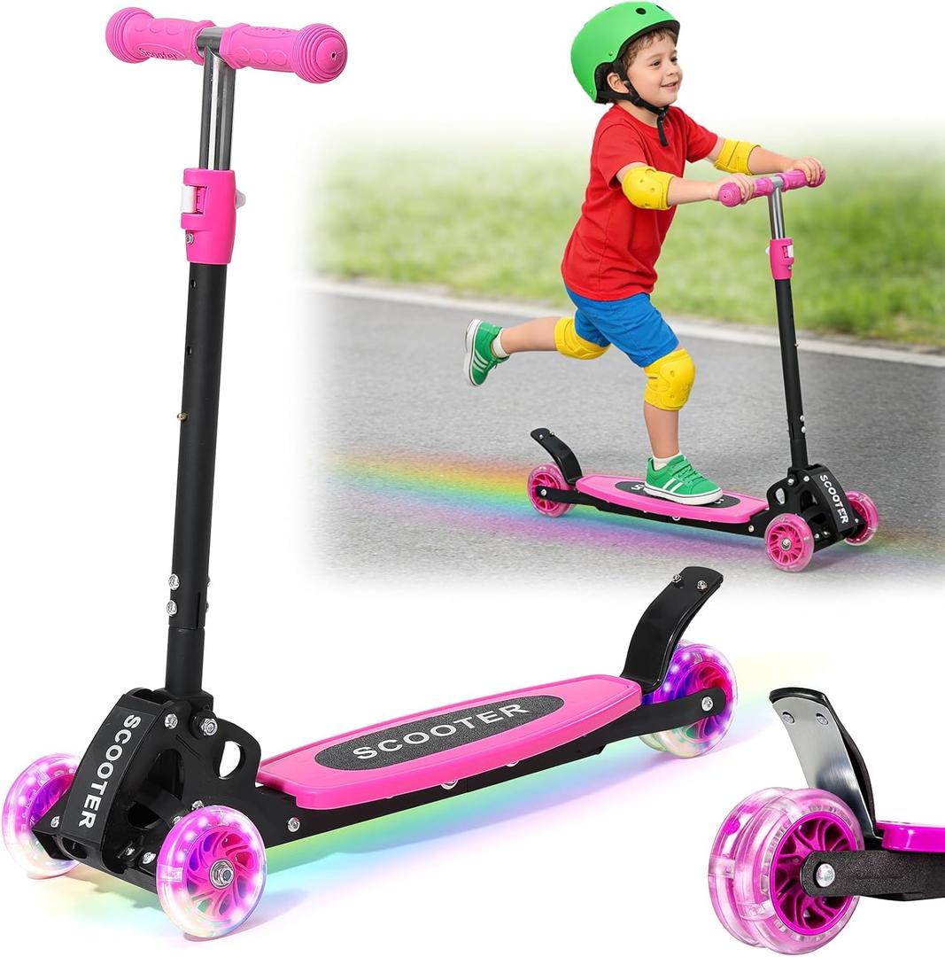 CALCHELE Kids Kick Scooter, Kick Scooter for Kids 2-7 Age, Light up 3 Wheels Kick Scooter, Heavy Duty Folding Lean-to-Steer Scooters with 3 Adjustable Handlebar for Boys Girls Pink