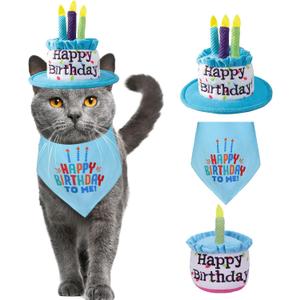 Small Dogs Happy Birthday Cake Hat with Colorful Candles & Bandana Scarfs & Birthday Cake Squeaky Toys Set Blue, Dog Birthday Party Supplies Decorations