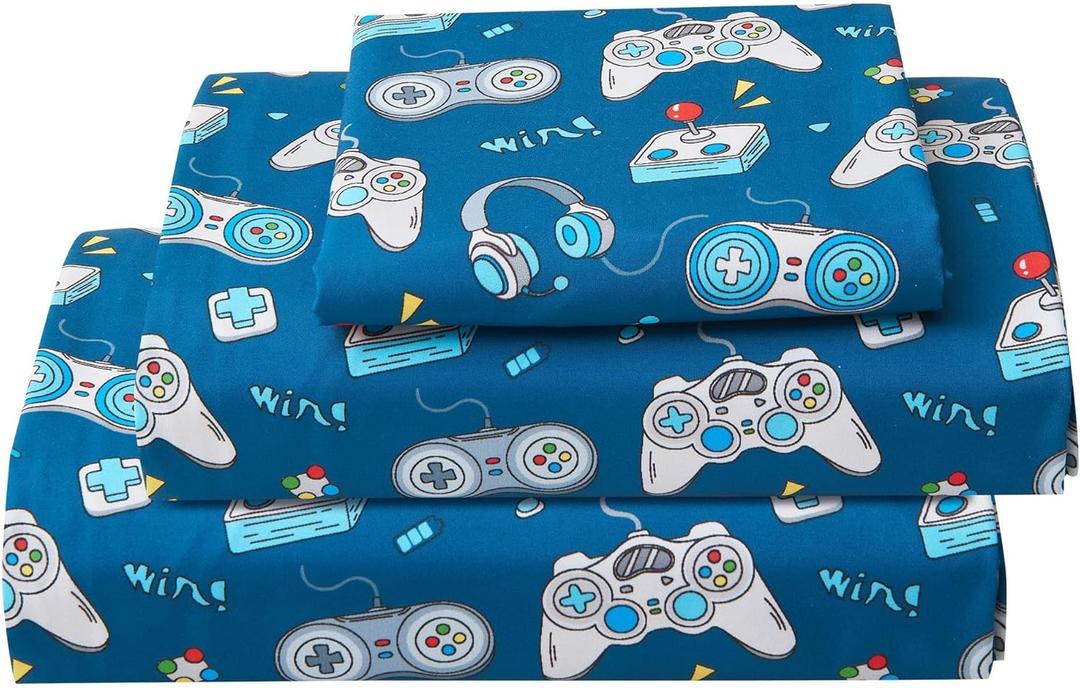 Softan Kids Bed Sheet Set, 4-Piece Full Size Sheets, Microfiber Fitted Sheet with 15 Inches Deep Pocket and Corner Straps, Breathable & Silky Soft Game Controller Printed Sheet and Pillowcase Sets