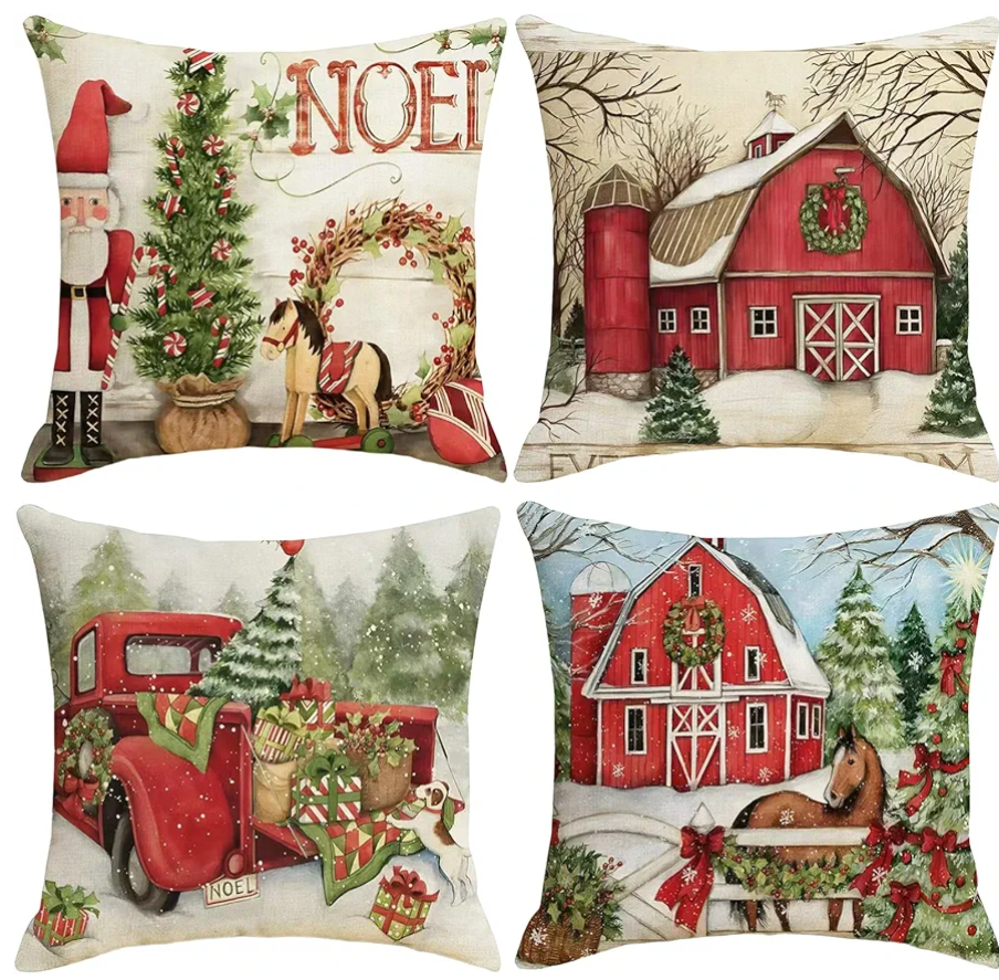 Red Christmas Pillow Covers 18x18 inch Set of 4, Winter Snowman Snoeflake Trees Santa Claus Soft Plush Fabric Xmas Throw Pillow Covers, Holiday Cushion Case for Couch Christmas Decorations