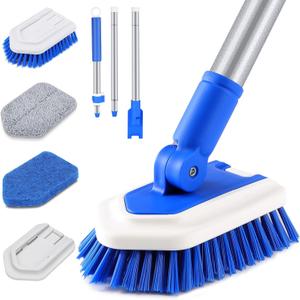 Lalafancy Shower Cleaning Brush with Locking Head, 3 in 1 Tub Tile Scrubber Brush with 50'' Extendable Long Handle Stiff Bristles Scouring Pads Microfiber for Cleaning Bathtub Shower Wall Bathroom (Blue)