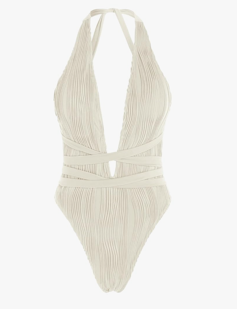 ZAFUL Women's One Piece Swimsuit Deep V Neck Ribbed Self Tie Sexy High Cut Bathing Suit Crisscross Back Swimwear, Size M