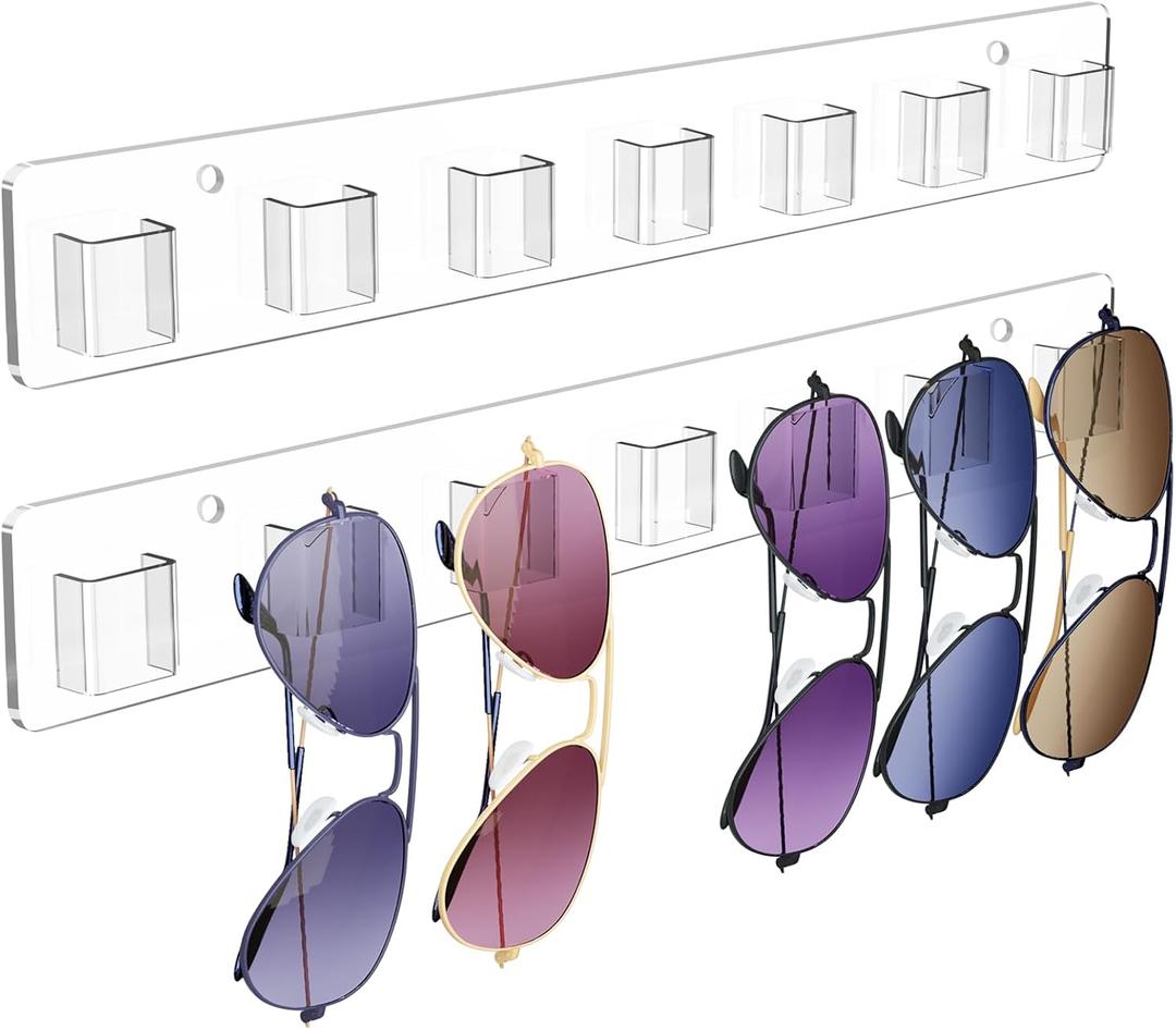Sunglasses Organizer 2 Pack, Wall Glasses Holder, Acrylic Sunglasses Display, Eyeglass Organizer for Multiple Glasses for Office & Home Decor, Unique Gifts for Husband, Women & Girls, Clear