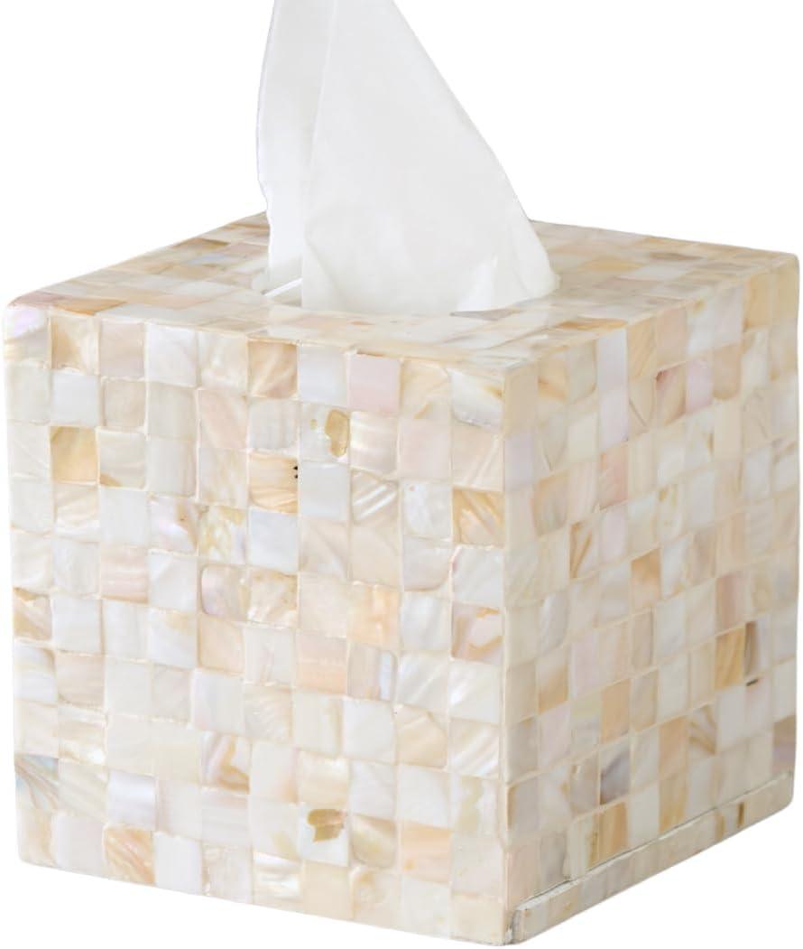 5.9 Mother of Pearl Tissue Box Cover for Kleenex and More Handcrafted Square Tissue Holder with Sliding Bottom Decorative Napkin Dispenser for Bathroom, Bedroom, Kitchen, Office