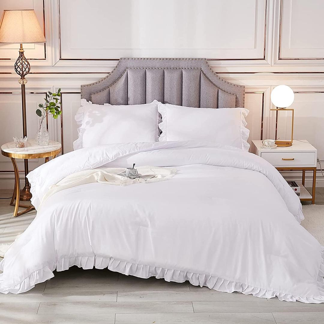 Comforter 3 PCS - 1 Frilled Comforter with Ruffle Edge Corners and 2Pillow Cases - 600 T C - 3 PC Comforter Set White/Twin XL