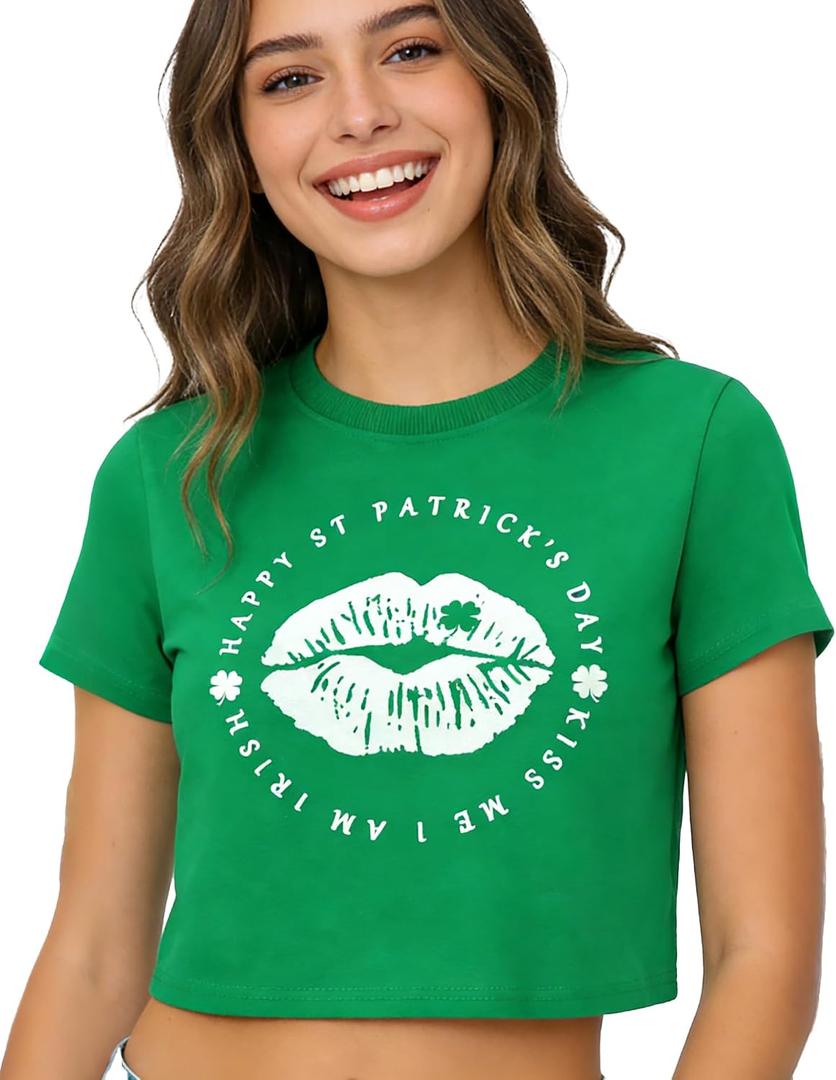 St Patricks Day Shirt Women Crop Top Green Sexy Saint Paddy's Day Outfit Funny Shamrock Lucky Tshirt Irish Clover Tee