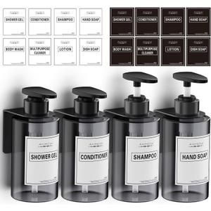 Shampoo and Conditioner Dispenser (Set of 4/10.2oz), No Drill Soap Dispenser Wall Mount Refillable Body Wash Dispenser with Category Labels for Kitchen Bathroom - Gray