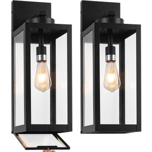 20" Large Outdoor Wall Lights with Closed Bottom - Black Outdoor Light Fixture Porch Lantern Wall Mounted, Waterproof Modern Exterior Wall Sconce Coach Lamp with Tempered Glass for House, E26, 2 Packs, 2 Packs-20IN