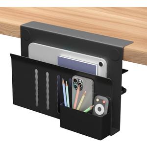 Desk Side Storage with Pen Holder, No Drill Hanging Desk Organizer Under Desk Storage Mount, Clamp-On Laptop Holder Table Side Tray Desktop Organization for Office and Home (Black)