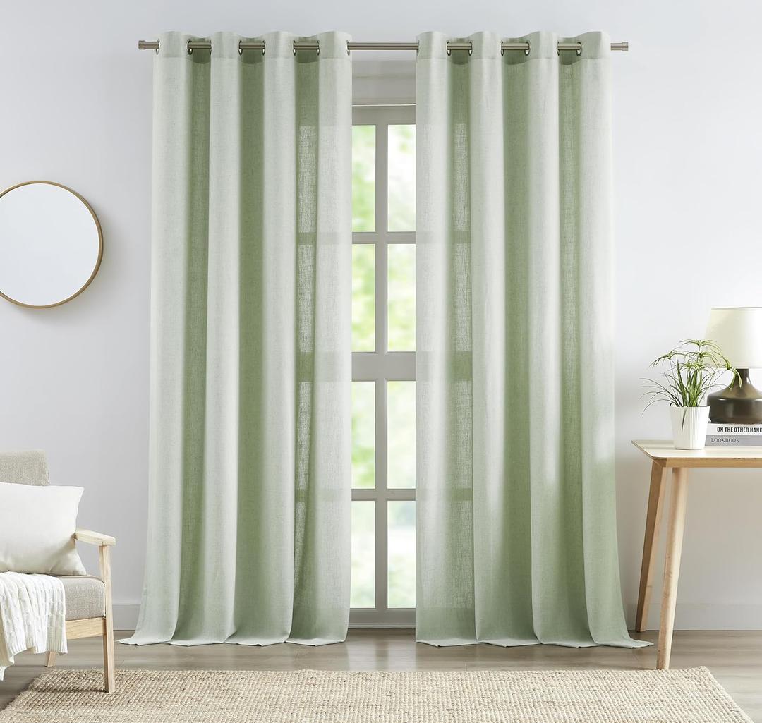 Central Park Green Linen Blend Semi Sheer Curtain Panel with 8 Grommets, Flax Farmhouse Rustic Light Filtering Window Treatment Drape 84 Inches Long for Living Room Bedroom, Soft Green, 58"x84"x2