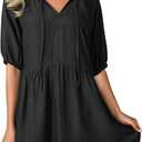 Dokotoo Denim Dress for Women Short Puff Sleeve V Neck Solid Babydoll Jean Dresses (S)