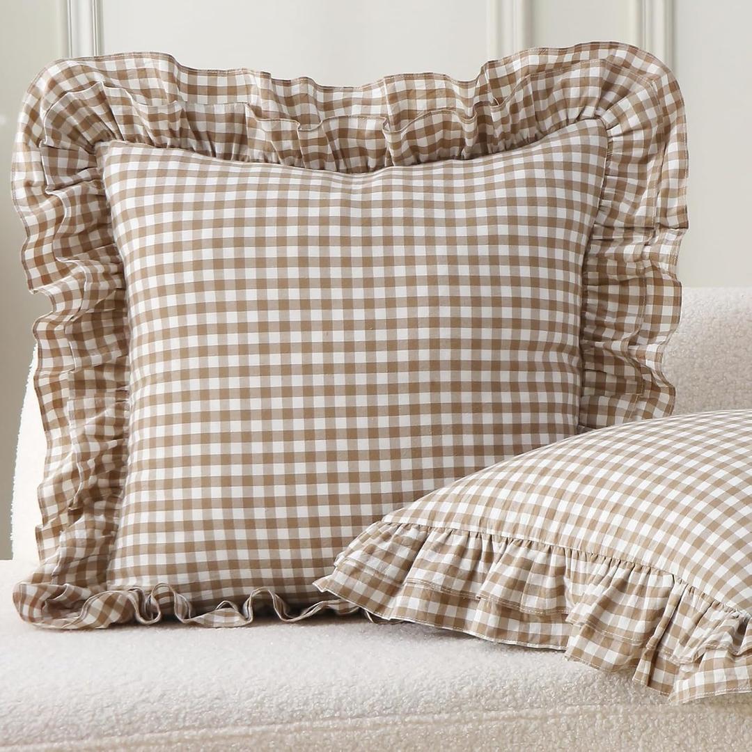 Aryeleay 2 Pack Taupe White Plaid Ruffle Throw Pillow Covers, 100% Cotton Gingham Checkered Farmhouse Decorative Pillow Shams for Bed/Sofa-18 x18