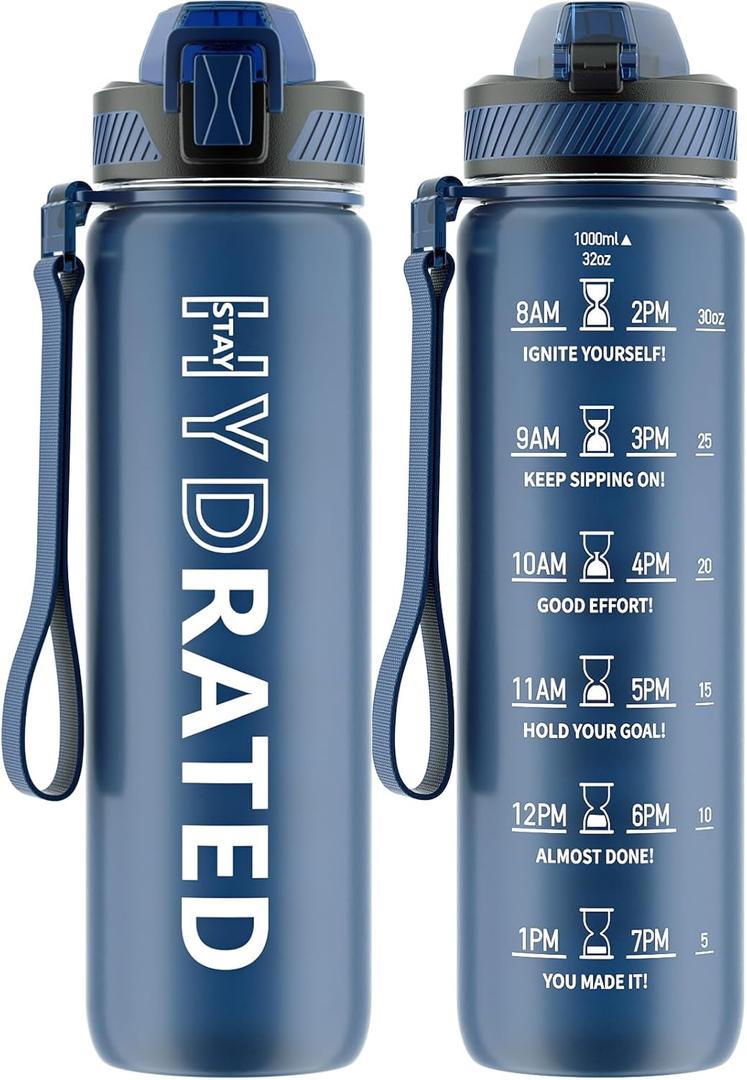 Water Bottle with Straw, 32oz Motivational Water Bottles with Time Marker to Drink, Tritan BPA Free, 1L Sports Water Bottle with Carry Strap LeakProof for Women Gym Fitness Outdoor (1 Pack)