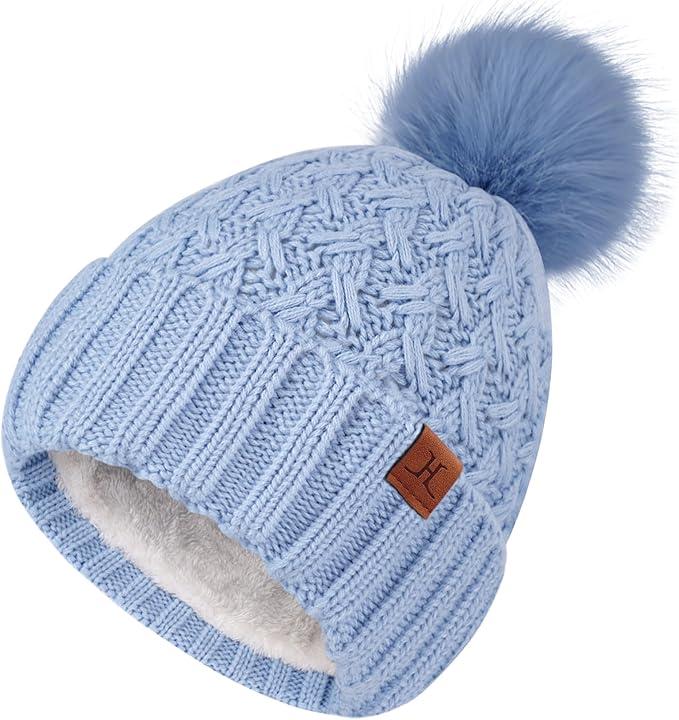 FZ FANTASTIC ZONE Winter Beanie Hats for Women with Fleece Lined Knitted Warm Womens Pom Pom Hat Chunky Cable Skull Cap Gifts