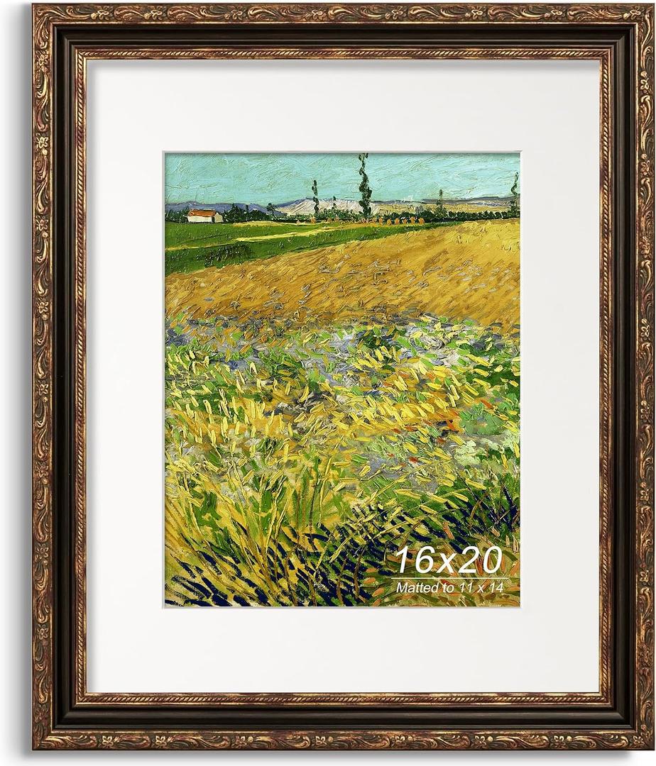 16x20 Picture Frame, Ornate Embossing Frame with Paper Mat and Plexiglass, Fit for 16x20 without Mat or 11x14 with Mat, Wall Mounting Display for Art Prints, Bronze and Antique Gold, 1 Pack