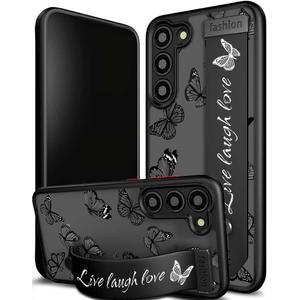 Compatible for Samsung Galaxy S24 Case Cute with Strap Stand Finger Kickstand, Designer Cool Silicone Cases Funda Cover - Black Butterfly Butterflies
